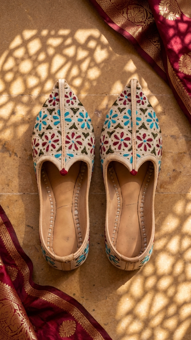 Handcrafted Floral Embroidered Mojari - Cream & Multicolor