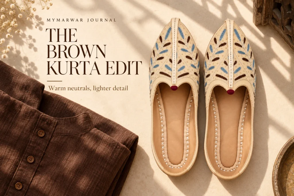 Shoes for Brown Kurta: Cream Contrast, Tan and Blue-Thread Detail