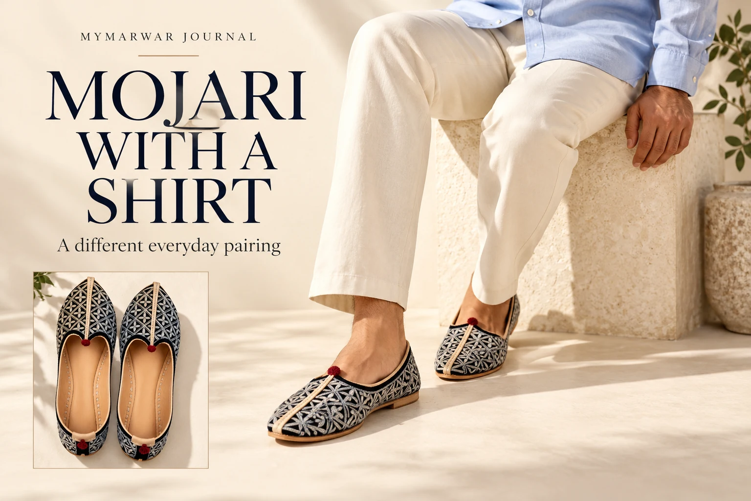 Pale-blue shirt and ivory trousers with black silver geometric mojari