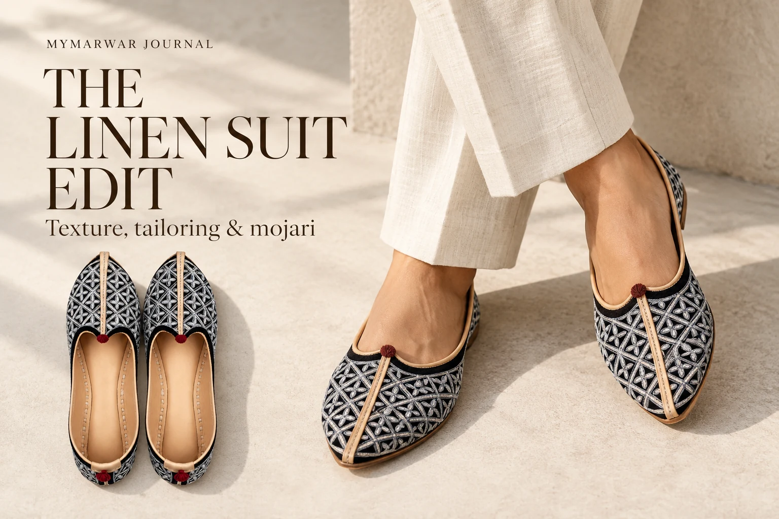 Black silver embroidered mojari beneath ivory linen trousers