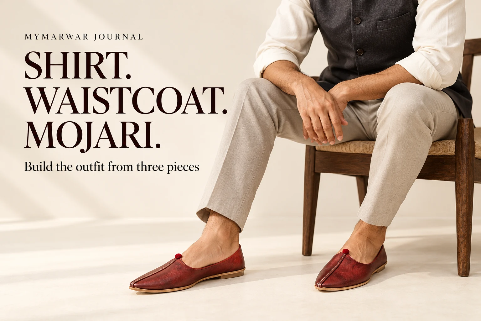 Ivory shirt, charcoal waistcoat and stone trousers with oxblood mojari