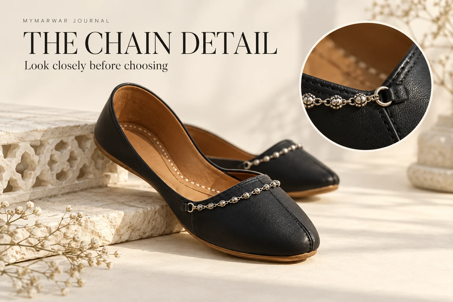 Conceptual black jutti with silver-coloured chain detail