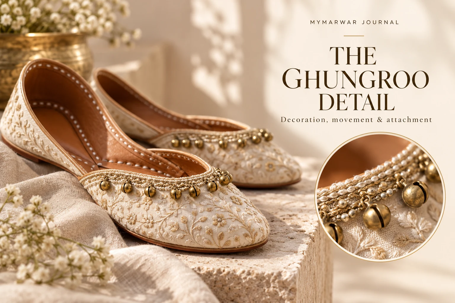 Conceptual cream jutti with small brass-coloured ghungroo bells