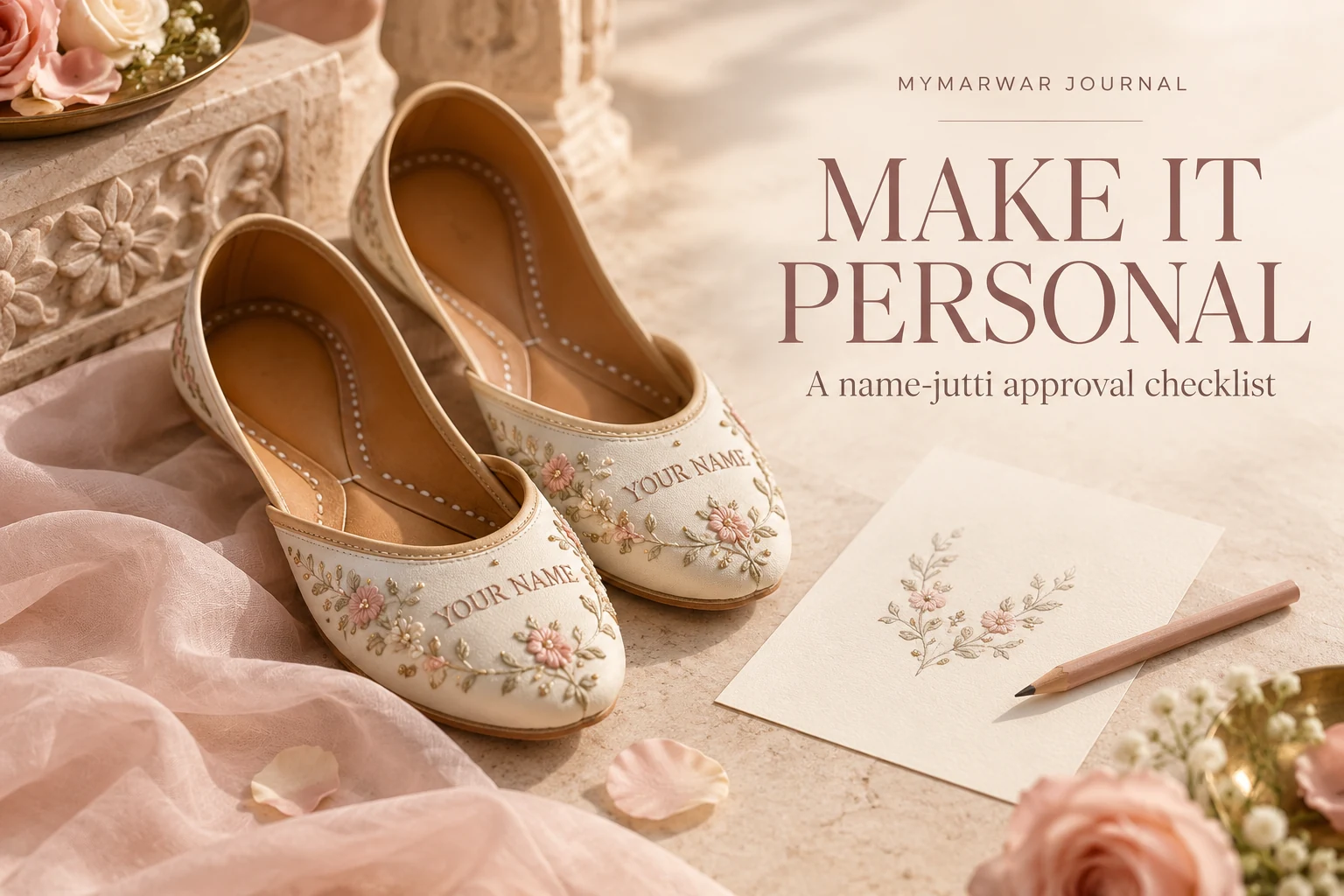 Conceptual cream jutti with YOUR NAME embroidery and design-proof stationery