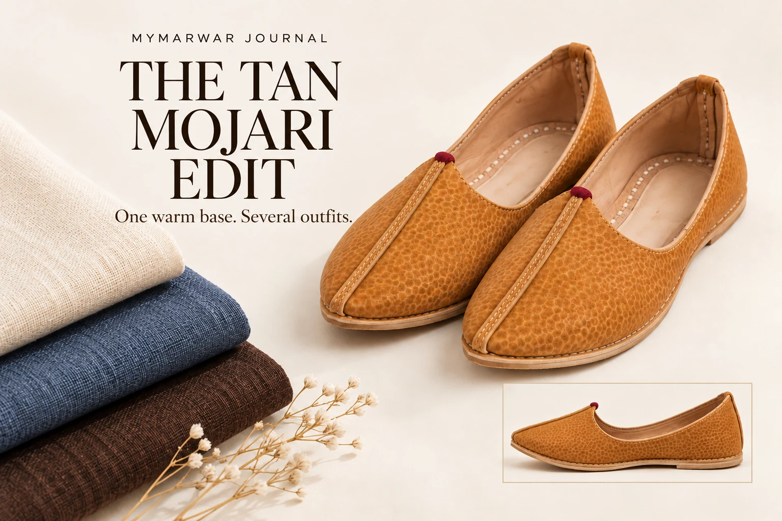 Honey-tan textured mojari with ivory navy and brown cloth swatches