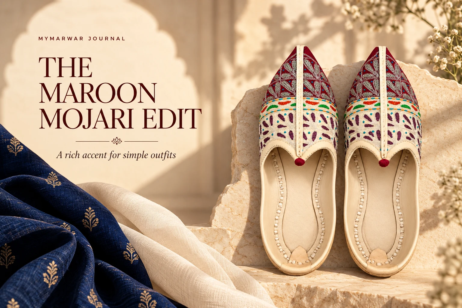 Maroon-and-cream multicolour mojari beside navy and ivory textiles