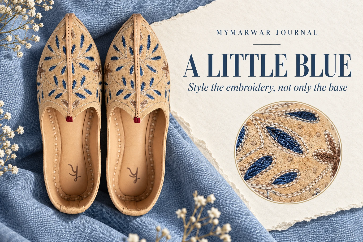 Tan mojari with blue floral thread and an enlarged embroidery detail