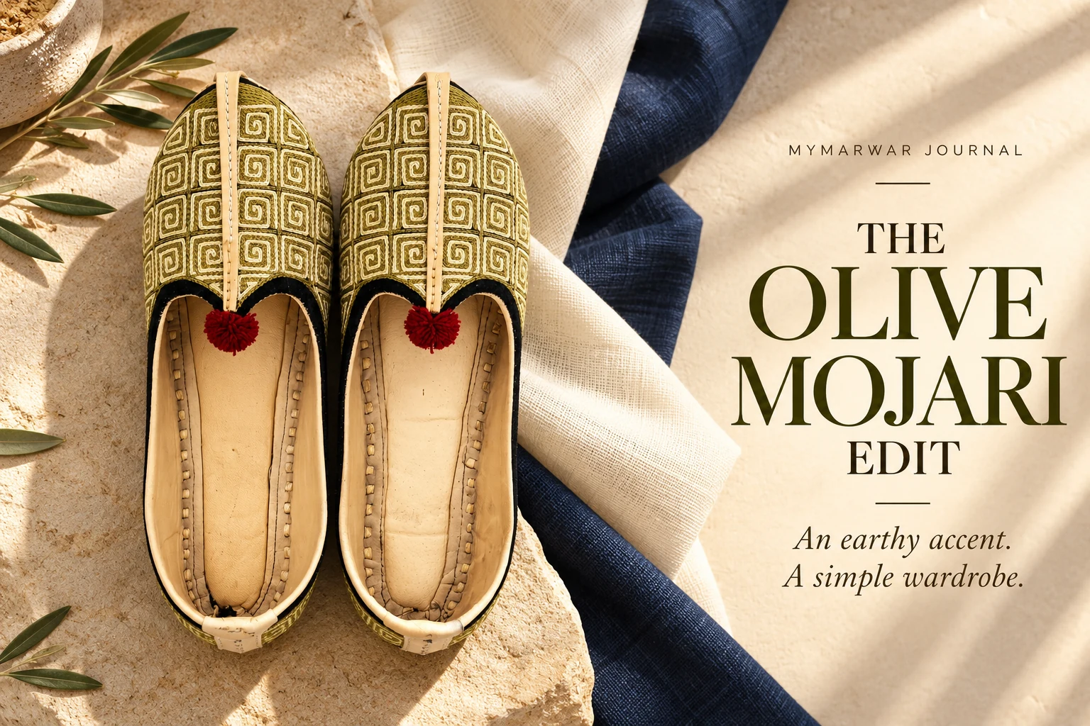 Olive square-spiral embroidered mojari with cream and navy textile swatches
