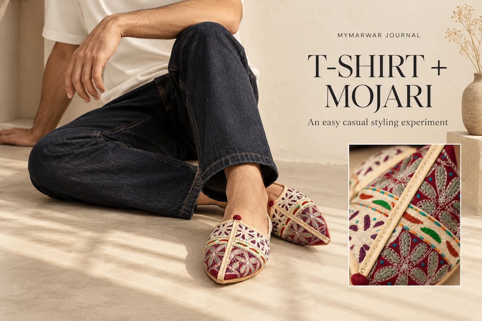 Plain ivory T-shirt and dark jeans with maroon-and-cream embroidered mojari