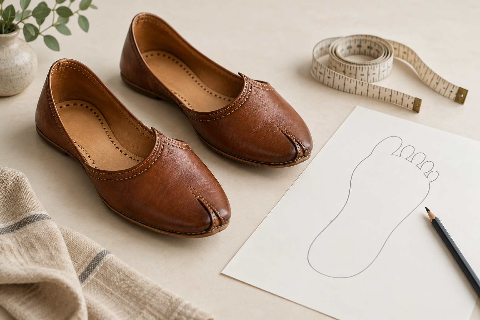 Leather mojari with a foot outline and measuring tape