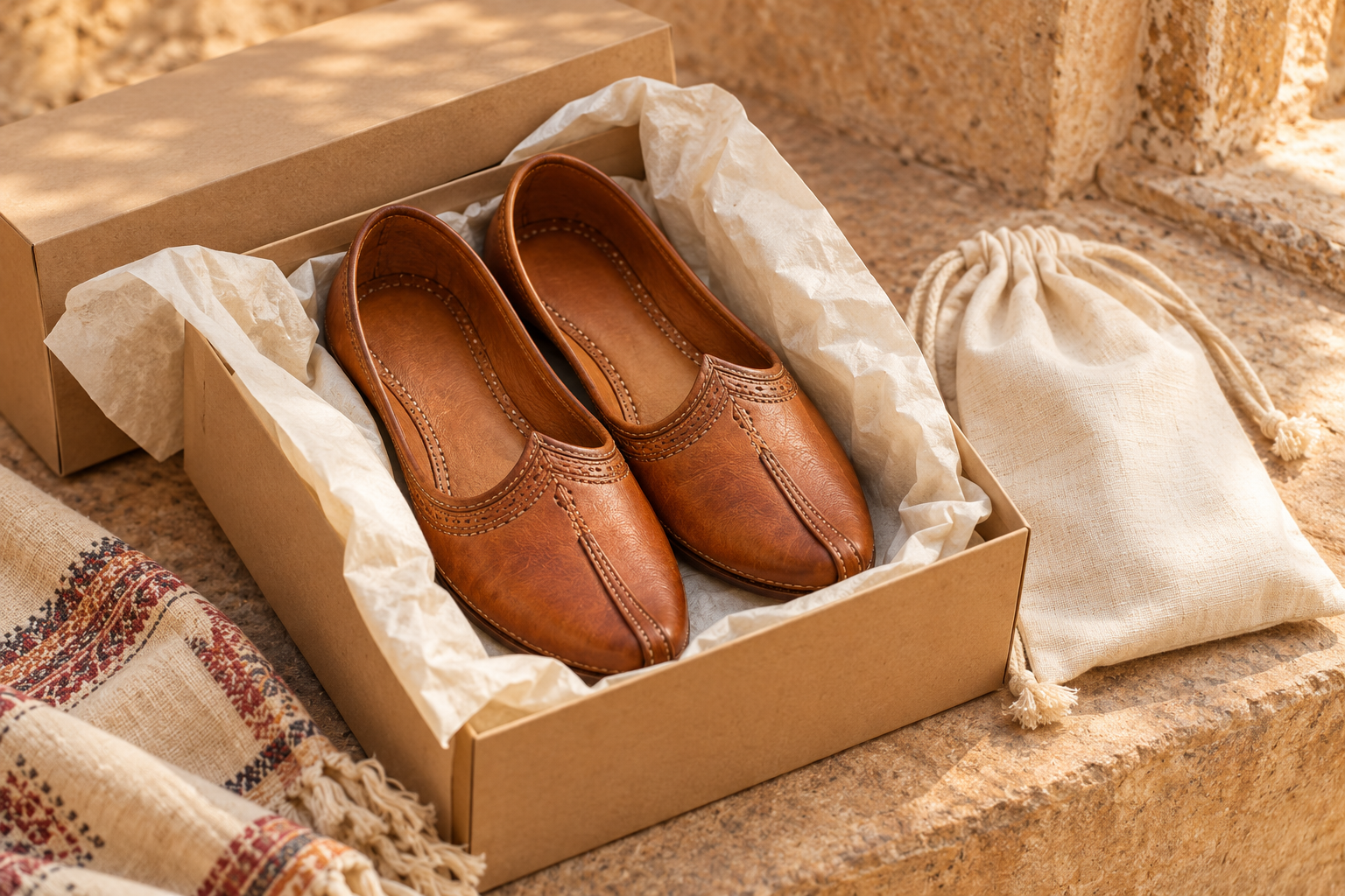 Leather mojari in a conceptual gift box