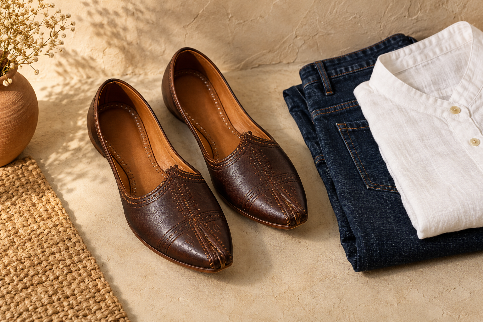 Leather mojari beside jeans and a white shirt