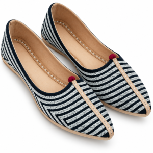 MyMarwar black and white striped mojari for men with tan central seam, front pair view