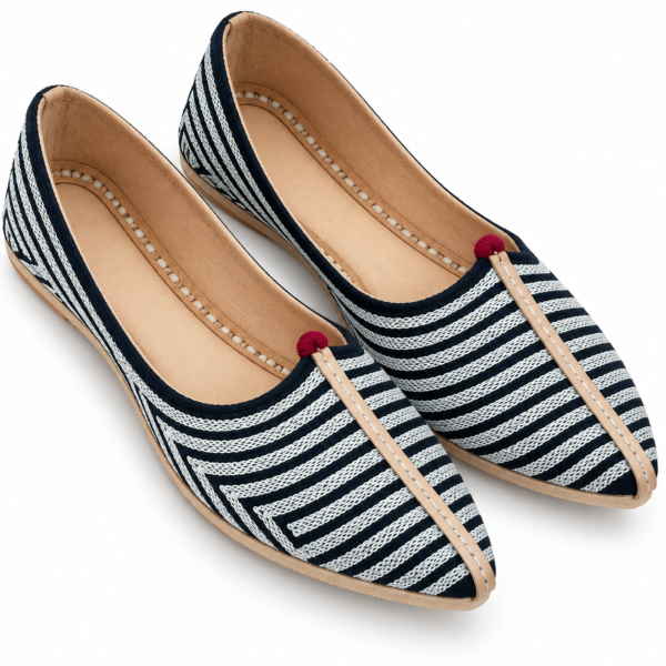 MyMarwar black and white striped mojari for men with tan central seam, front pair view