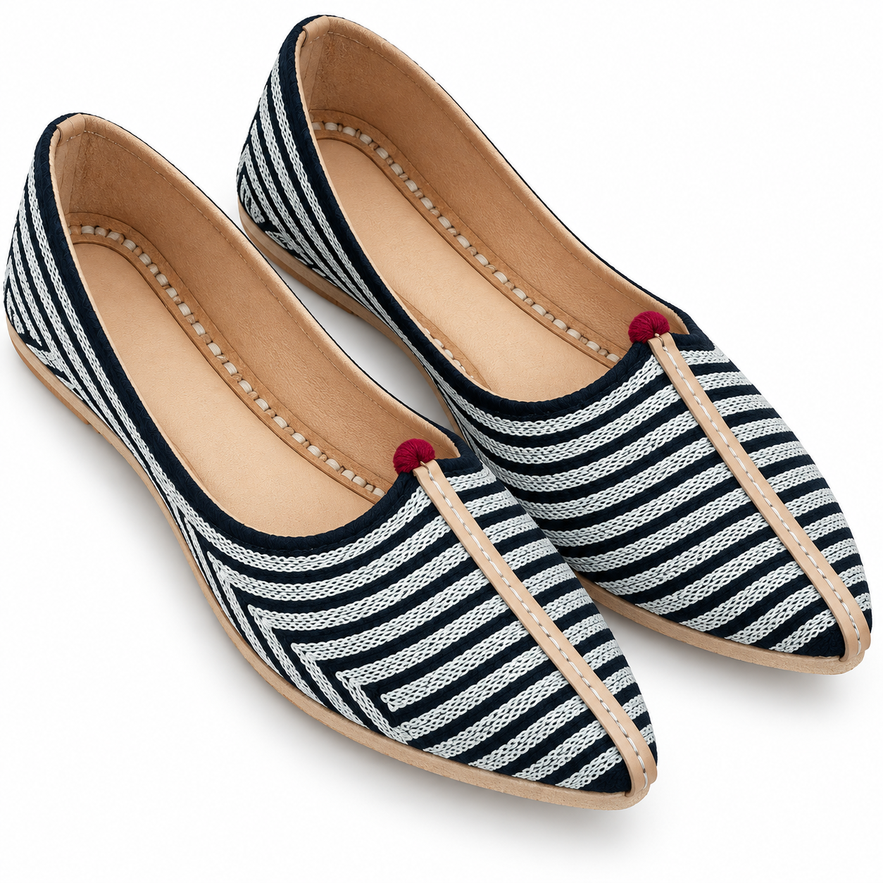 MyMarwar black and white striped mojari for men with tan central seam, front pair view