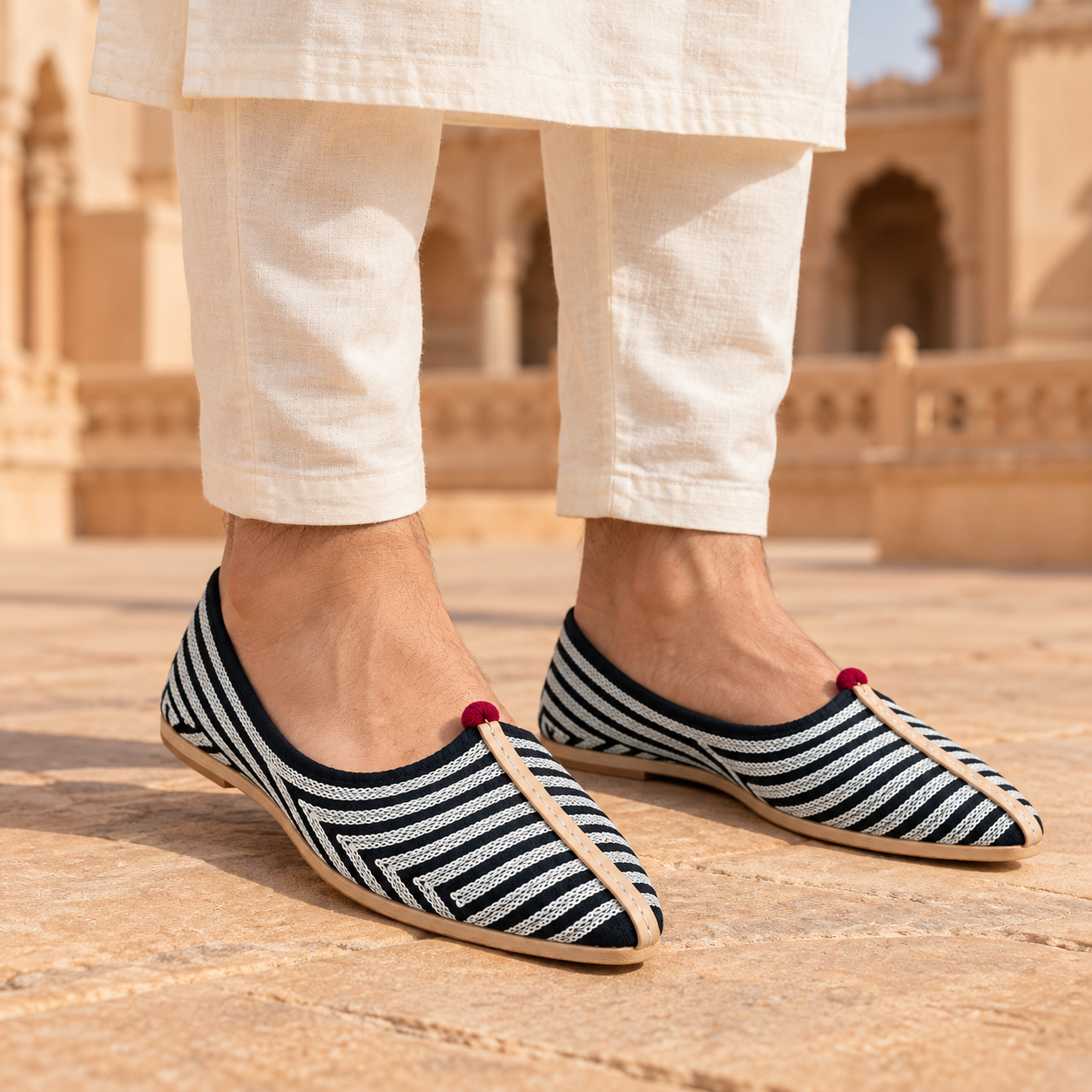 MyMarwar Black White Striped Mojari for Men - Image 3