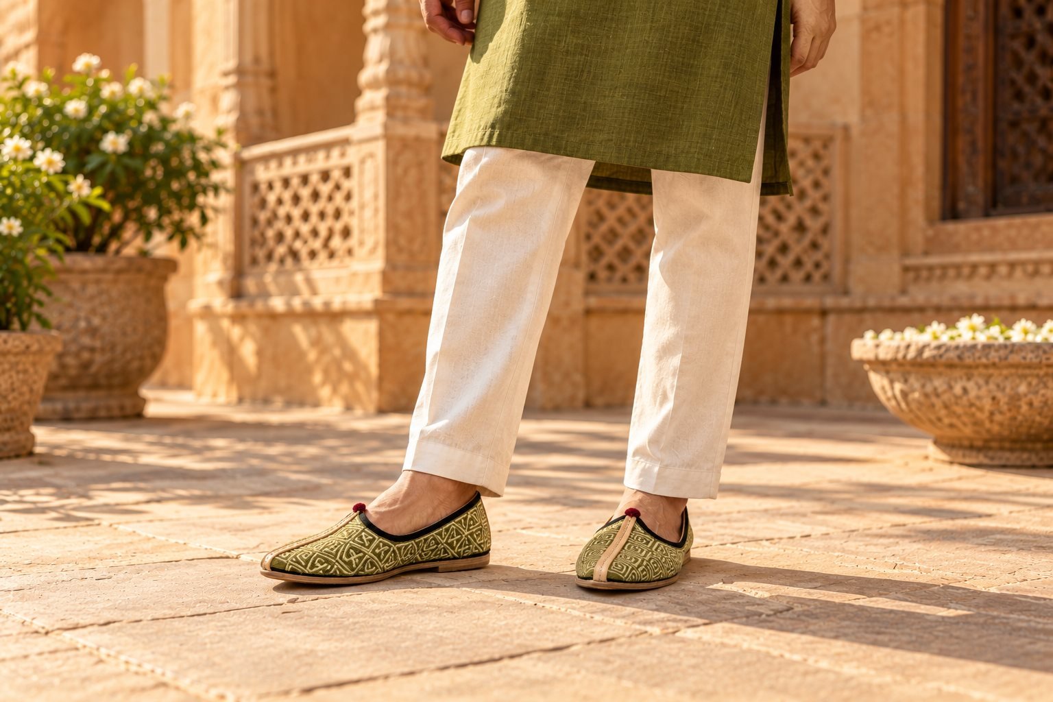 Olive kurta styled with embroidered green mojri