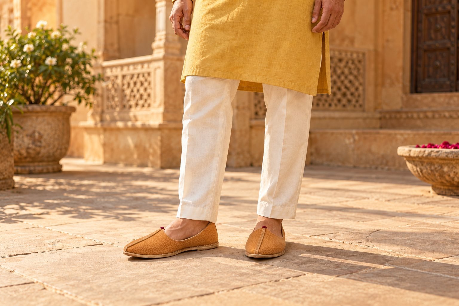 Yellow kurta and ivory trousers with tan pointed-toe mojari