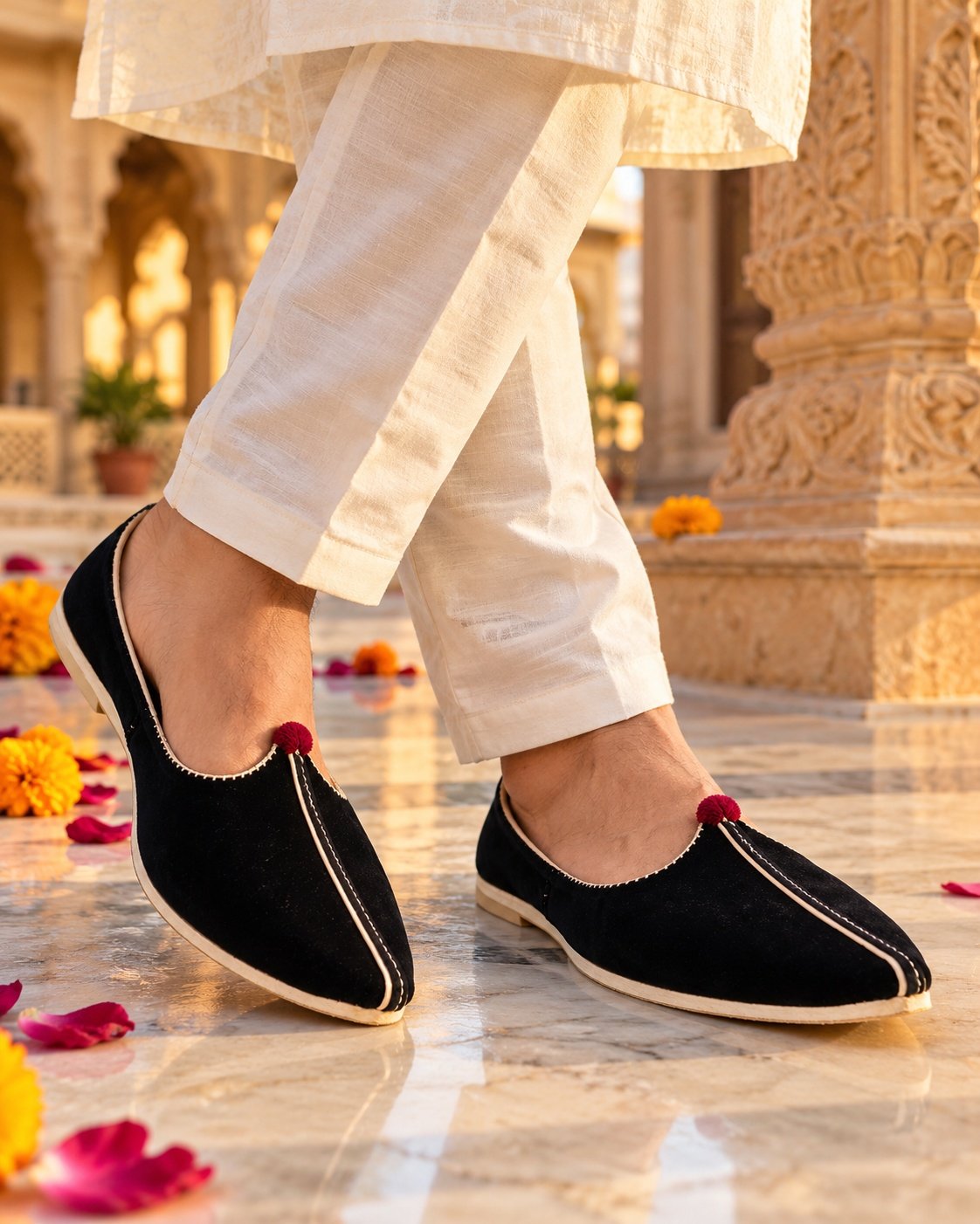 MyMarwar Classic Black Rajasthani Mojadi for Men, black / cream trim, product view 2