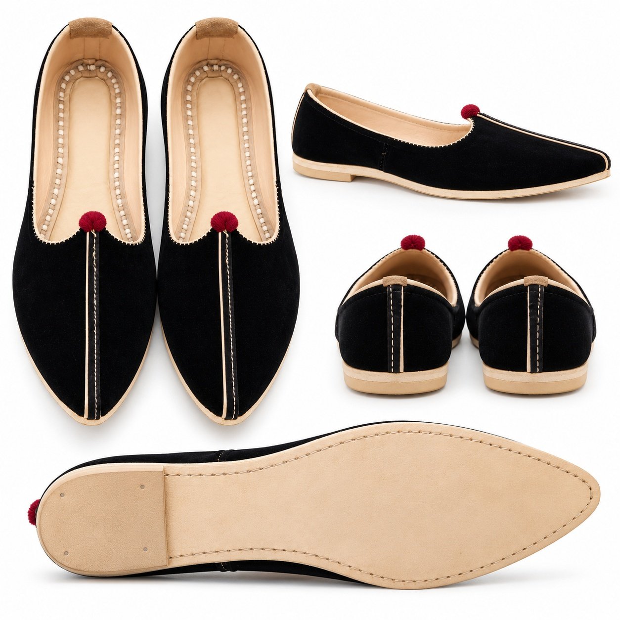 MyMarwar Classic Black Rajasthani Mojadi for Men, black / cream trim, product view 3