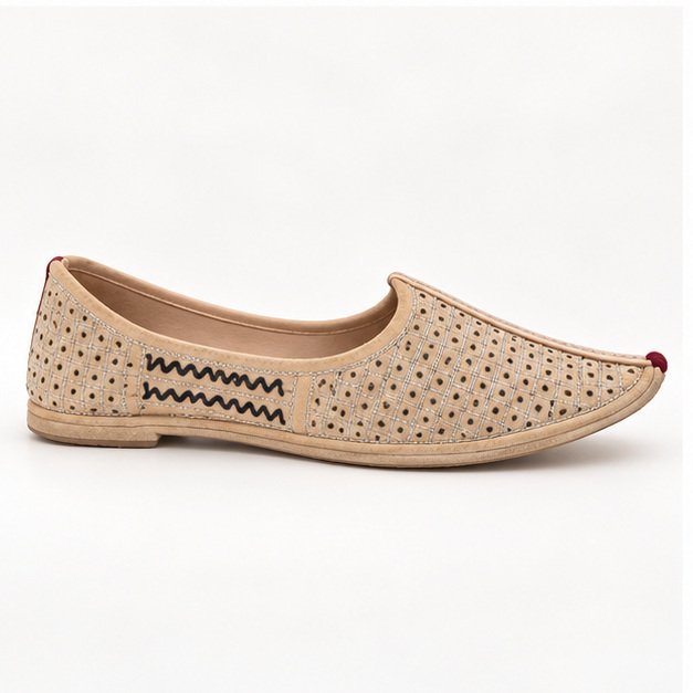 MyMarwar cream perforated mojari with dark zigzag trim for men, side profile