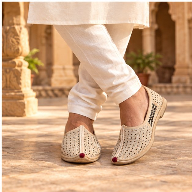 MyMarwar cream perforated mojari with dark zigzag trim for men, worn with an ethnic outfit
