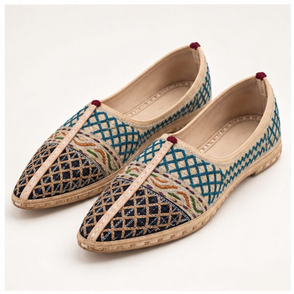 MyMarwar mojari with dark teal crosshatch embroidery for men, front view of pair