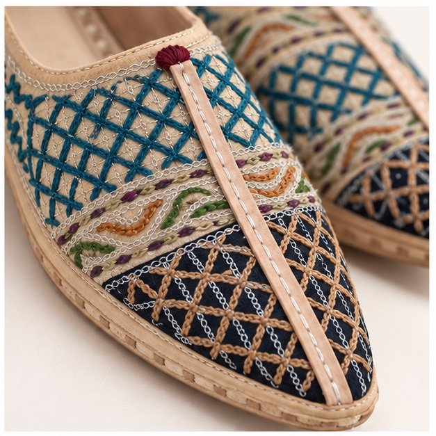 MyMarwar mojari with dark teal crosshatch embroidery for men, close-up of upper detailing