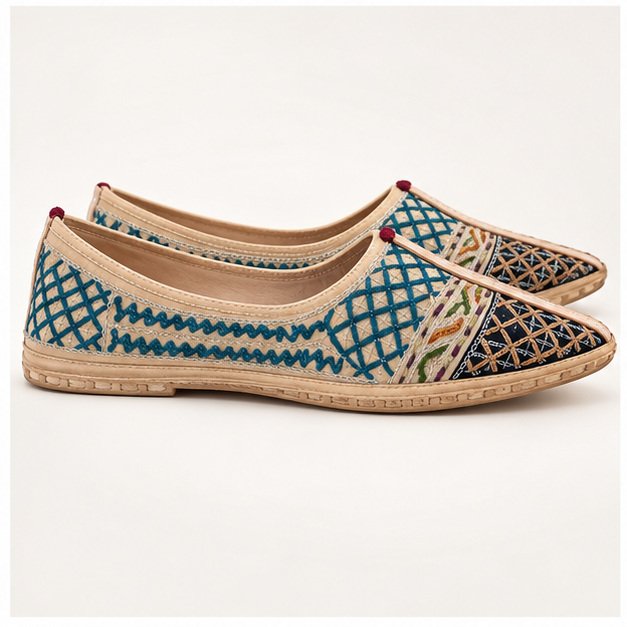 MyMarwar mojari with dark teal crosshatch embroidery for men, side profile