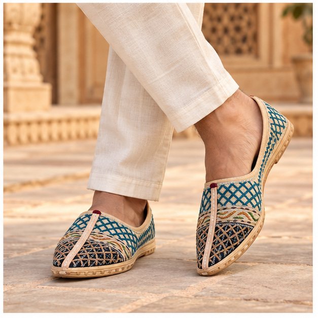 MyMarwar mojari with dark teal crosshatch embroidery for men, worn with an ethnic outfit