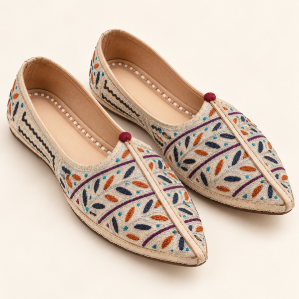 MyMarwar beige mojari with multicolour leaf embroidery for men, front view of pair