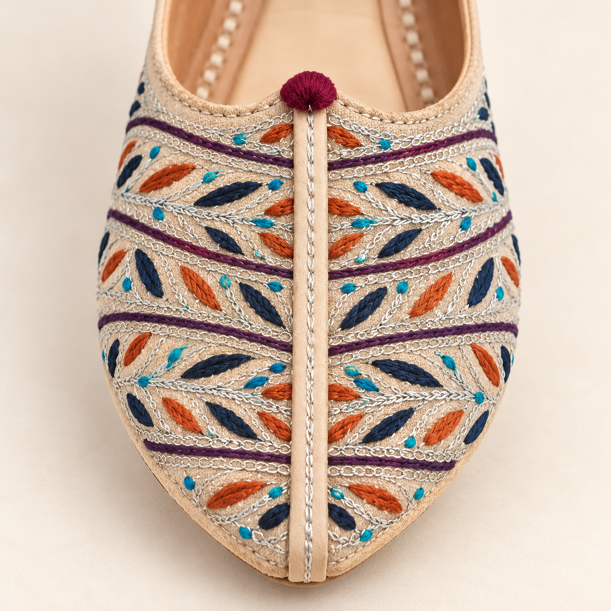 MyMarwar beige mojari with multicolour leaf embroidery for men, close-up of upper detailing