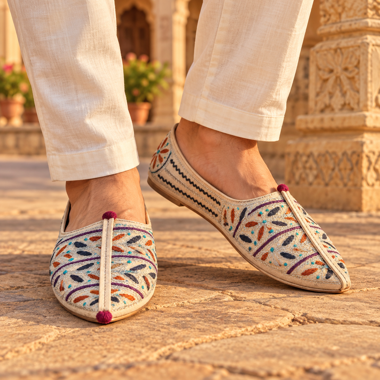 MyMarwar beige mojari with multicolour leaf embroidery for men, worn with an ethnic outfit