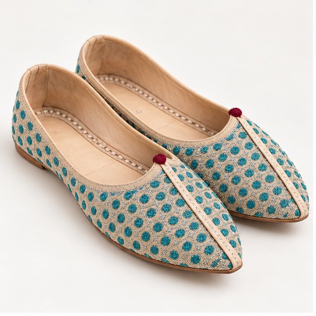 MyMarwar beige mojri with teal dot motifs for men, front view of pair