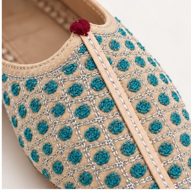 MyMarwar beige mojri with teal dot motifs for men, close-up of upper detailing