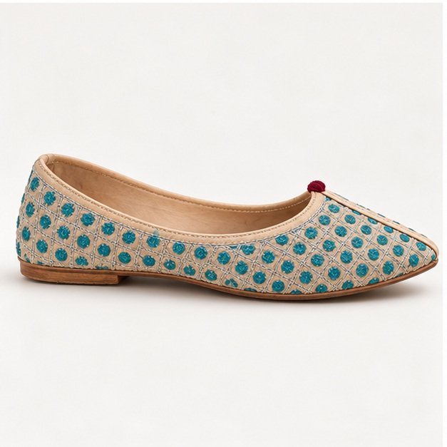 MyMarwar beige mojri with teal dot motifs for men, side profile