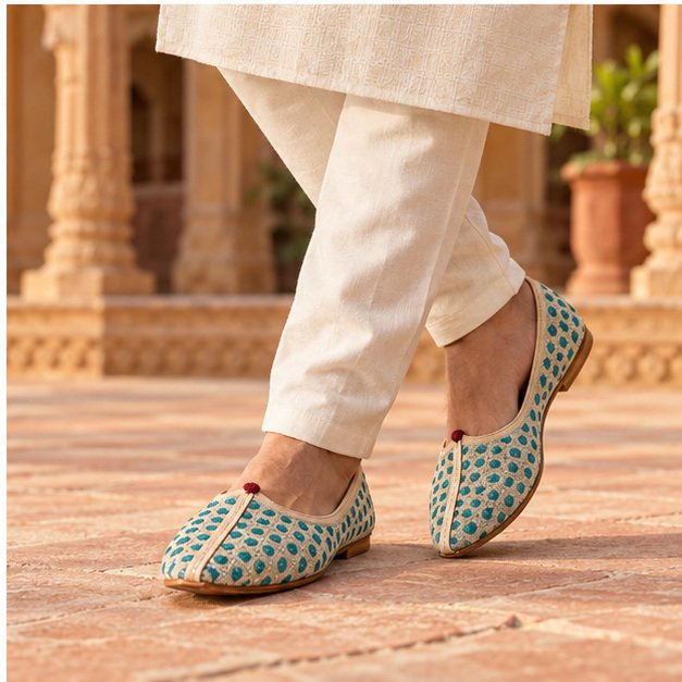 MyMarwar beige mojri with teal dot motifs for men, worn with an ethnic outfit