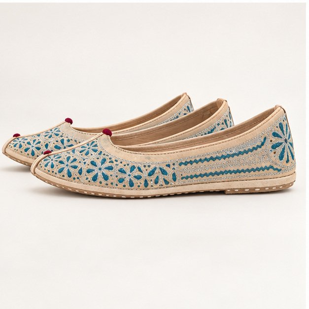 MyMarwar beige jutti with teal floral embroidery for men, side profile