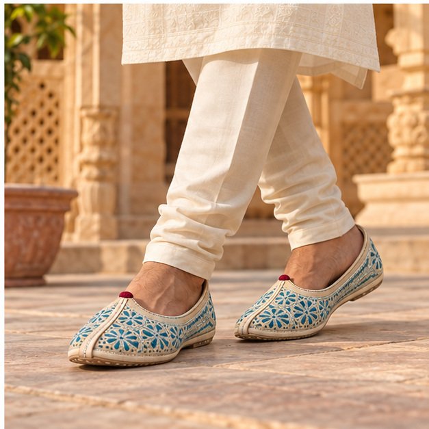 MyMarwar beige jutti with teal floral embroidery for men, worn with an ethnic outfit