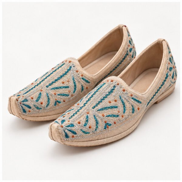 MyMarwar beige mojari with teal linear embroidery for men, front view of pair