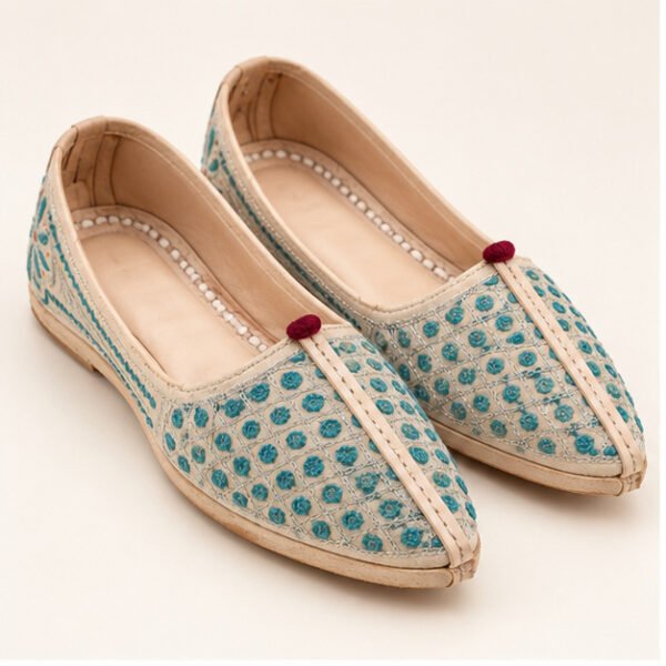 MyMarwar pale beige mojadi with turquoise dotwork for men, front view of pair