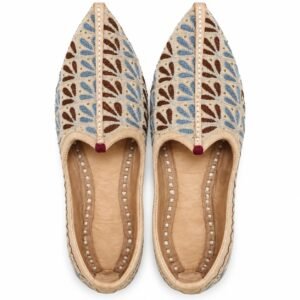 MyMarwar beige, light blue and brown mojari for men with fern leaf embroidery, pair viewed from above