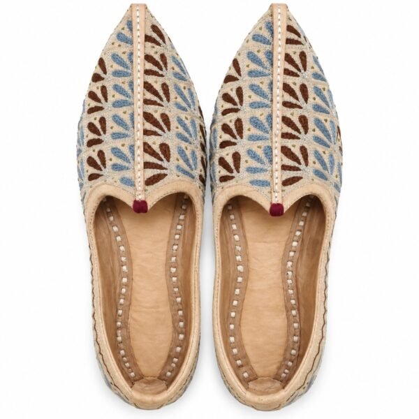 MyMarwar beige, light blue and brown mojari for men with fern leaf embroidery, pair viewed from above