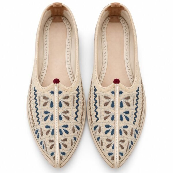 MyMarwar beige, blue and brown mojari for men with small floral leaf embroidery, pair viewed from above