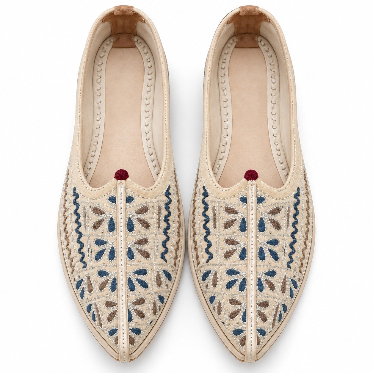 MyMarwar beige, blue and brown mojari for men with small floral leaf embroidery, pair viewed from above
