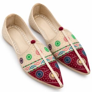 MyMarwar beige, burgundy, green and multicolour mojari for men with circle and ring embroidery, pair viewed from above