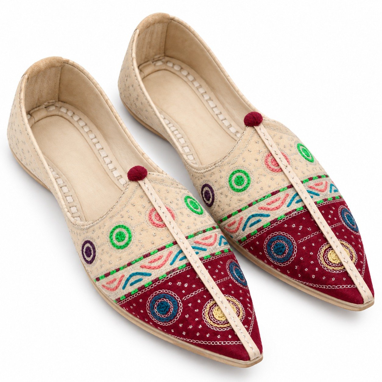 MyMarwar beige, burgundy, green and multicolour mojari for men with circle and ring embroidery, pair viewed from above
