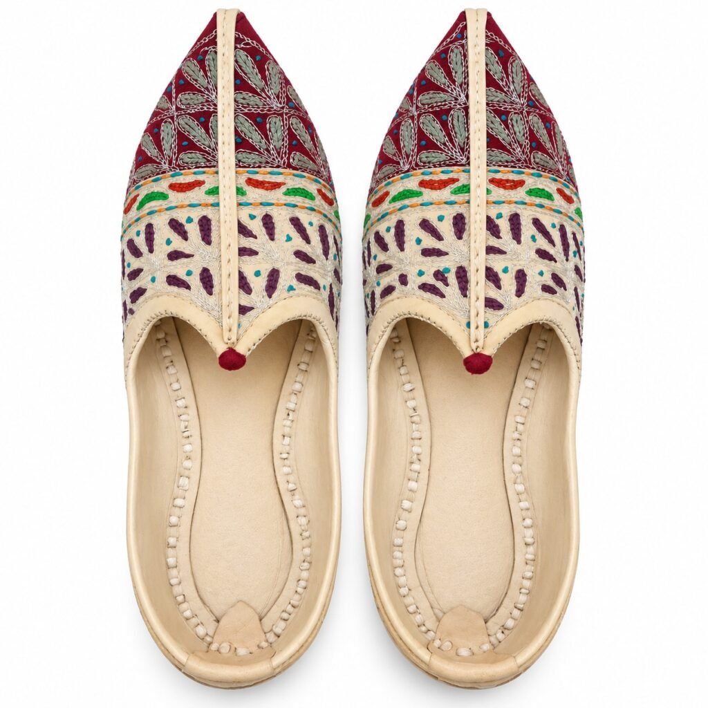 MyMarwar beige, burgundy and multicolour mojari for men with diamond and leaf embroidery, pair viewed from above