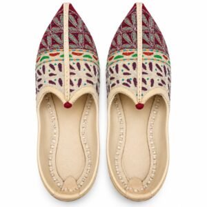 MyMarwar beige, burgundy and multicolour mojari for men with diamond and leaf embroidery, pair viewed from above