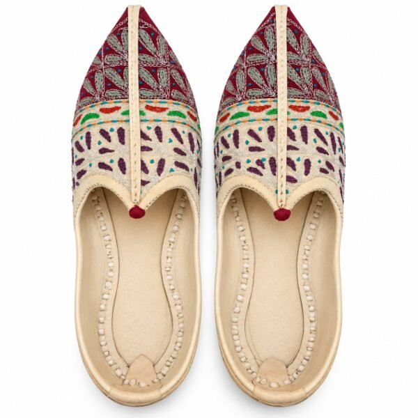 MyMarwar beige, burgundy and multicolour mojari for men with diamond and leaf embroidery, pair viewed from above
